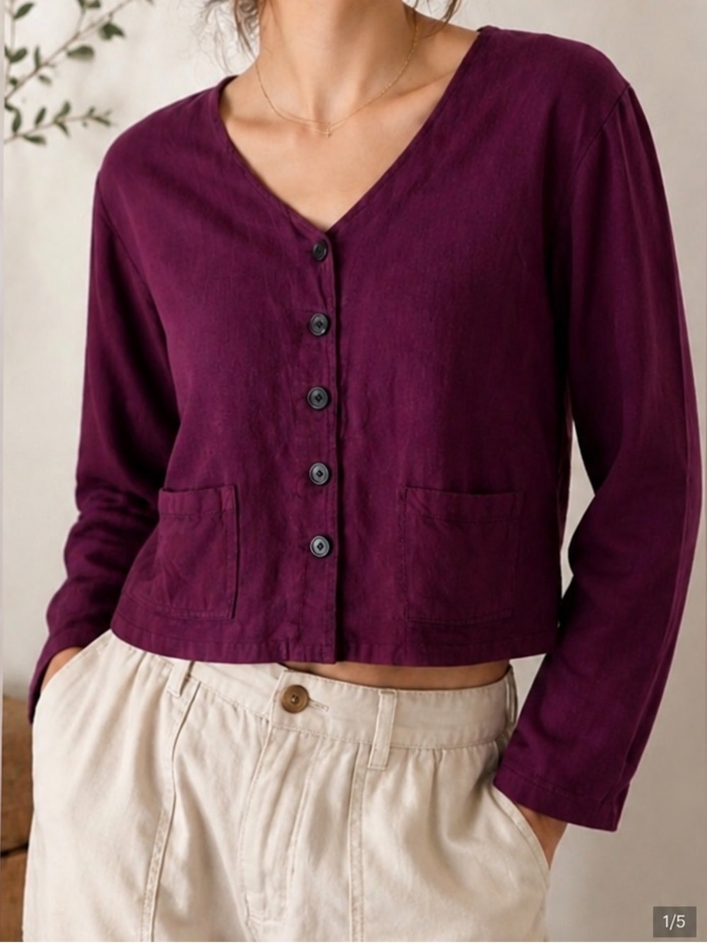 Vintage 90s Plum Cotton Cropped Cardigan Boho Cottagecore Artsy USA M